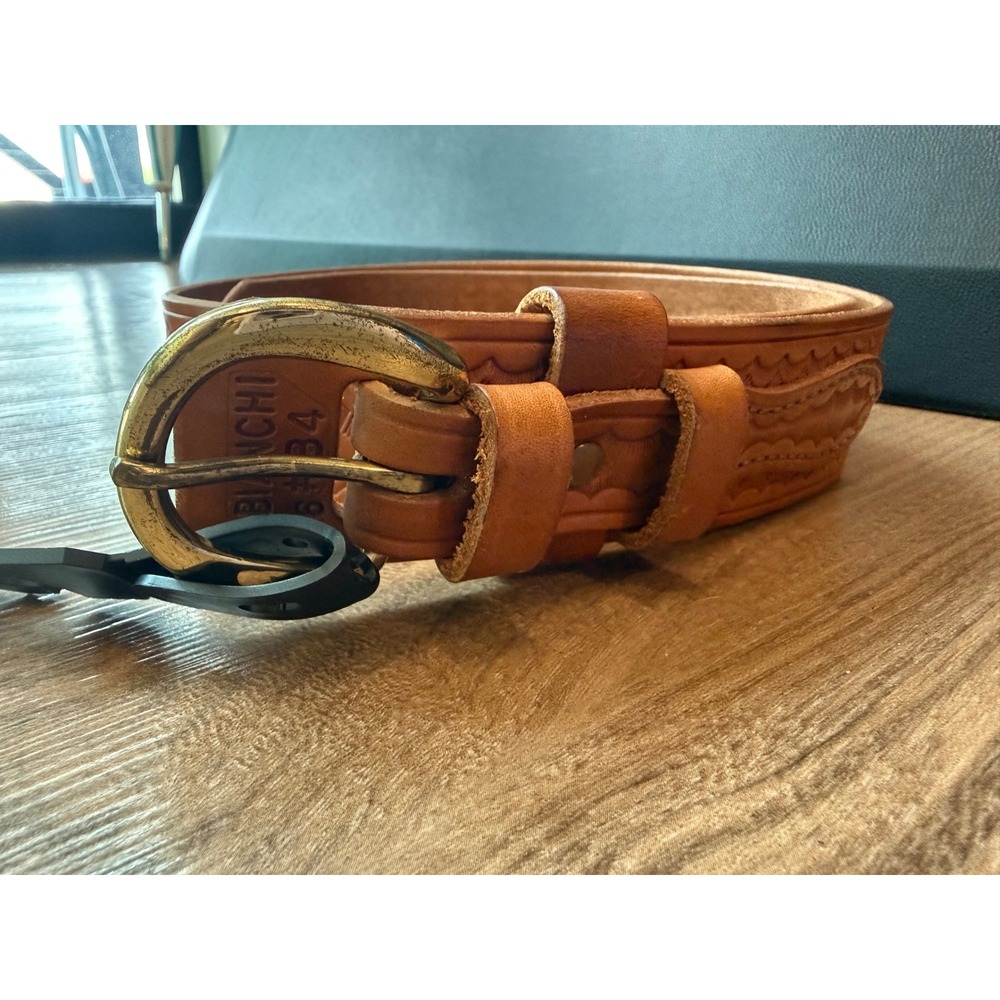 Bianchi B4 Rangler Tan Basketweave Leather Belt Solid Brass Buckle Size 36 Mens - Picture 2 of 13